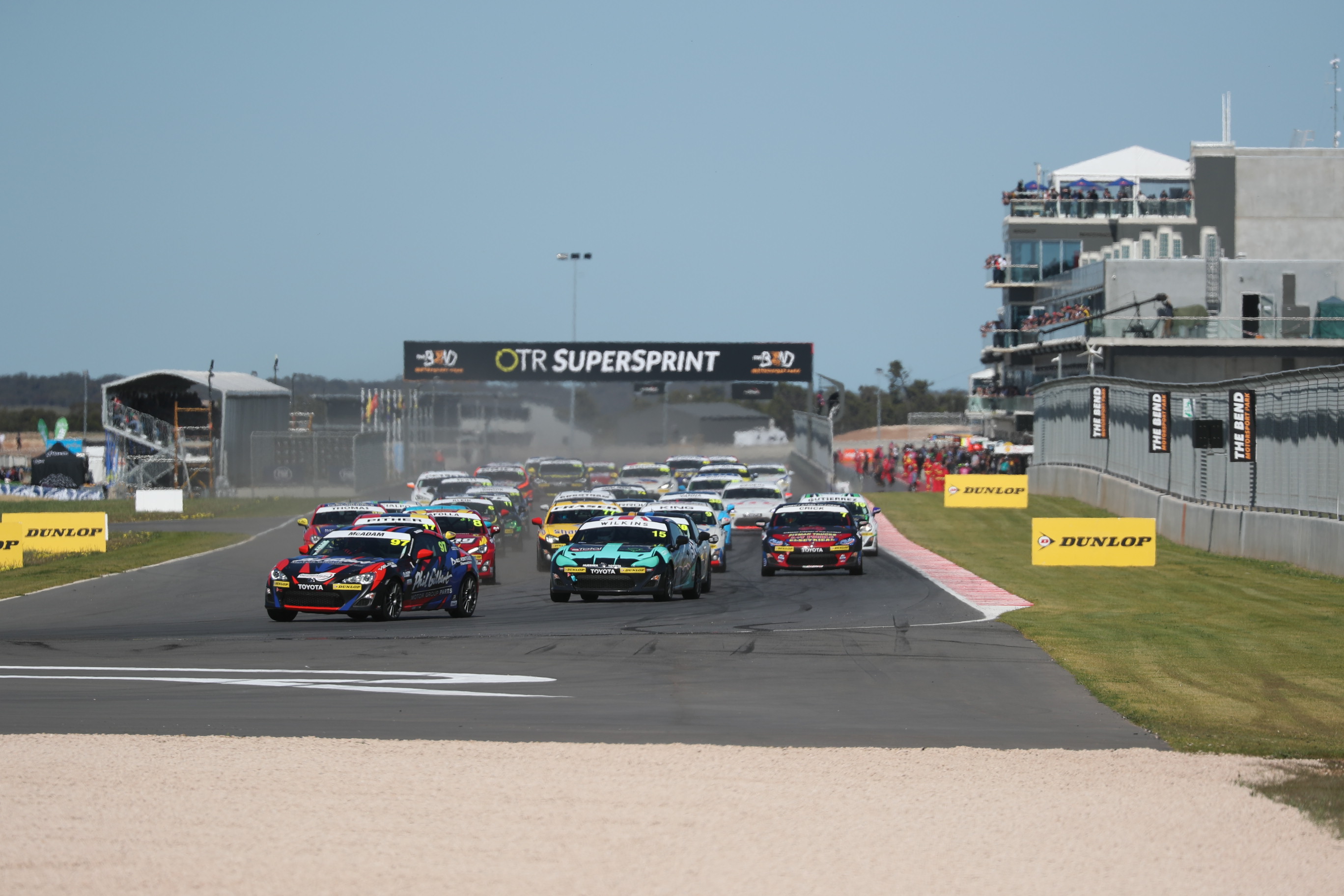 Toyota 86 Series racecars competing at The Bend Motorsport Park during the OTR SuperSprint Supercars event.