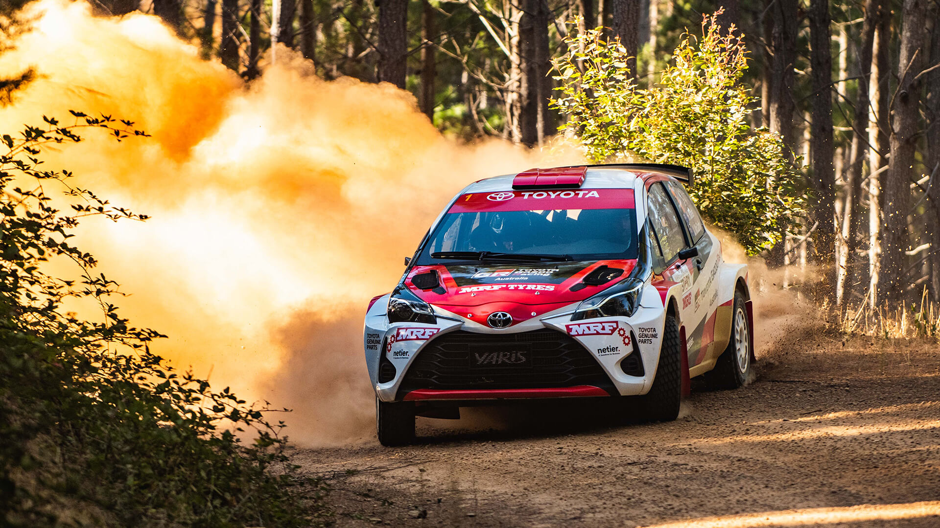 A Toyota GR Yaris kicks up dirt on the forest track, during the first round of the Australian Rally Championship.