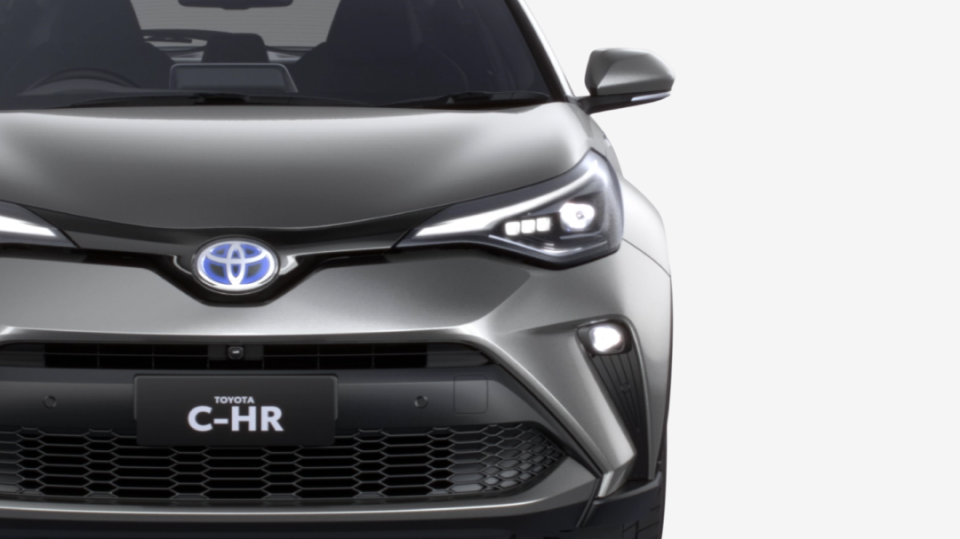 The font view of a dark grey Toyota CH-R.