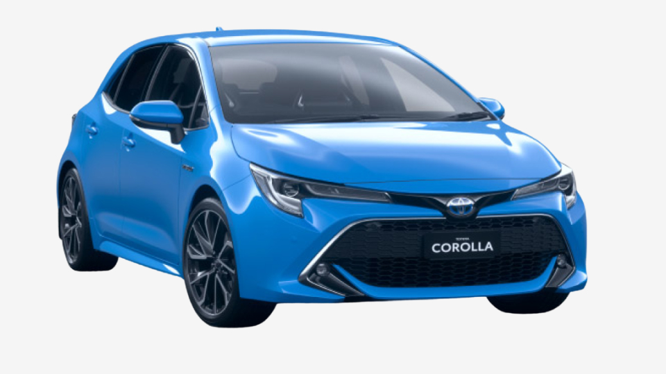 A vibrant blue Toyota Corolla hatchback.