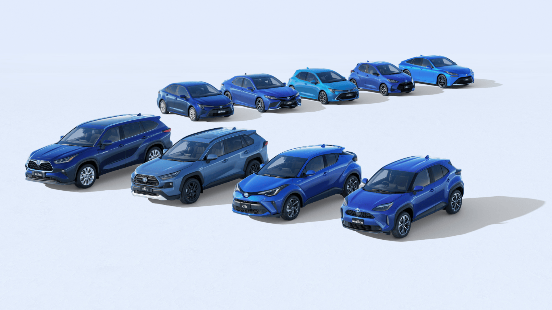 A lineup of blue Toyota vehicles, including SUVs, hatchbacks, and sedans, arranged in two rows