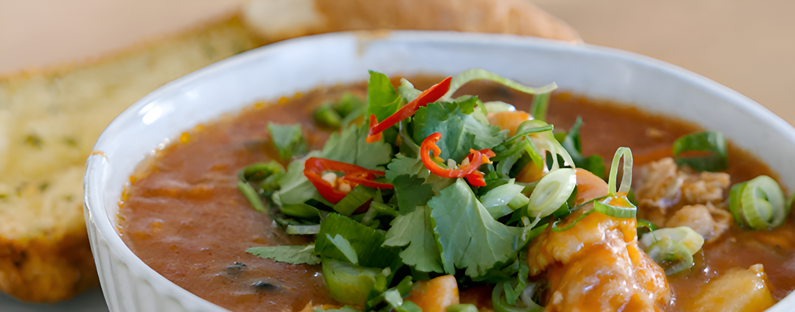 A close-up shot of Tommy Pham’s Lagu Gà – a Vietnamese Chicken Ragu. Coriander leaves, shallots and thinly diced bird’s-eye chillis garnish the stewed chicken dish.
