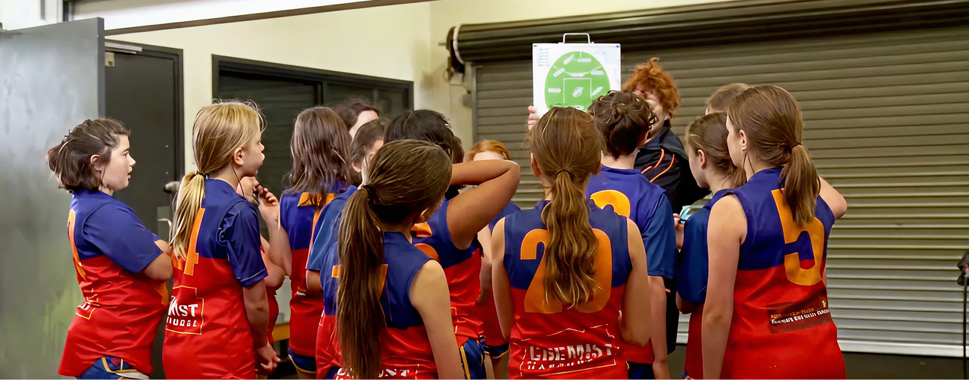 A group of young girls in red and blue sports jerseys stand closely together indoors, facing a coach who is holding up a green tactics board while giving instructions.