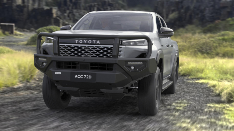 A grey HiLux fitted with a Toyota Genuine Bull Bar.