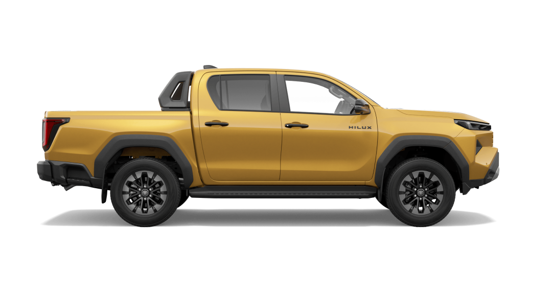 A side profile of a red HiLux on a white background facing right.