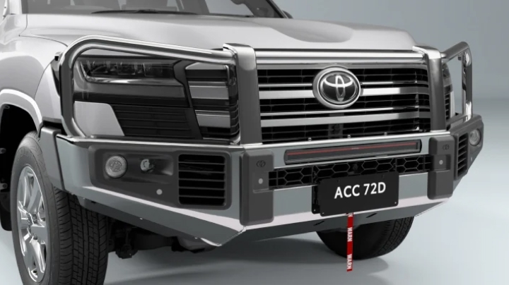A grey LandCruiser 300 fitted with a Toyota Genuine Bull Bar.