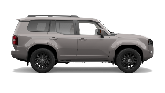 A side profile of a grey LandCruiser prado on a white background facing right.