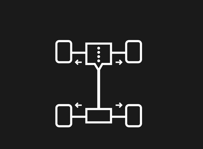 A black and white diagram of a 4WD drivetrain, demonstrating the power distribution between wheels, the power being evenly split between each wheel.