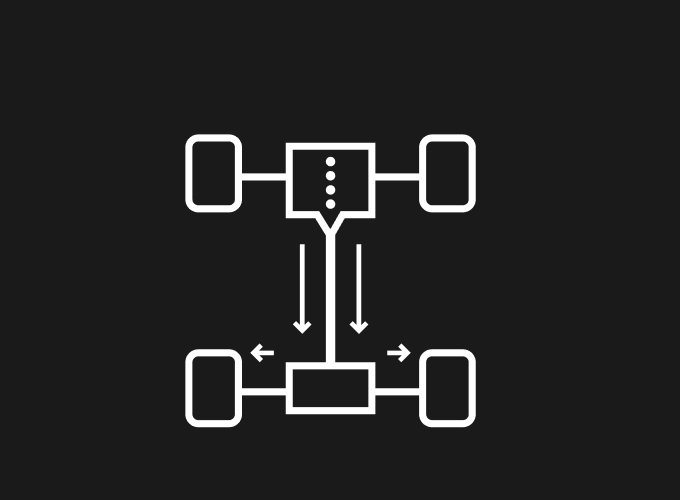 A black and white diagram of a 4x2 drivetrain, demonstrating the power distribution between wheels, the power being primarily from the rear wheels.