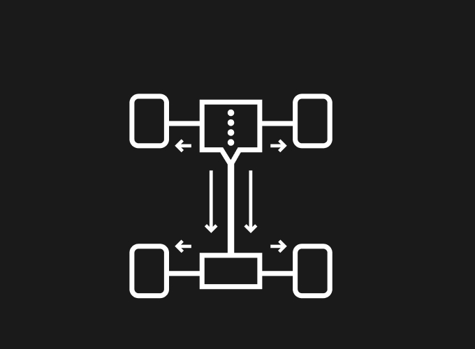 A black and white diagram of a 4x4 drivetrain, demonstrating the power distribution between wheels, the power being from the forward wheels.