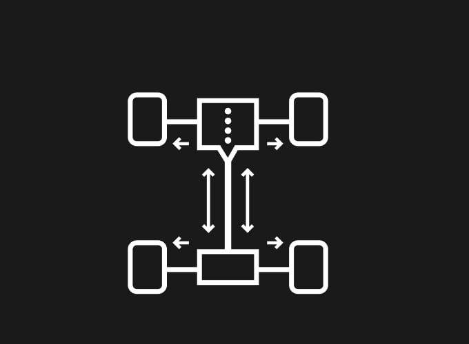 A black and white diagram of an AWD drivetrain, demonstrating the power distribution between wheels, with high power being distributed between all four wheels.