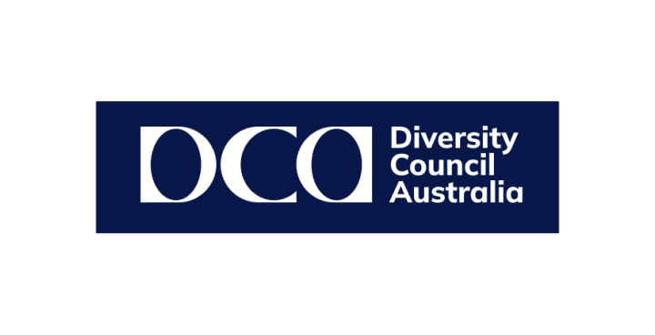 The Diversity Council Australia’s logo,  featuring three fabric swatches made into the shape of Australia, and the organisation's name in capital letters.
