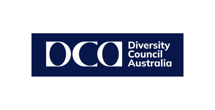 The Diversity Council Australia’s logo, featuring three fabric swatches made into the shape of Australia, and the organisation's name in capital letters.