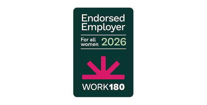 A dark green vertically rectangular badge with “Endorsed Employer For all women 2025” above a pink sunset logo, with “WORK180” along the bottom.