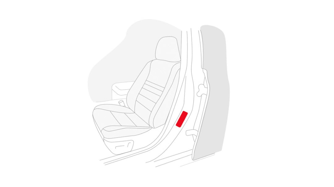 Greyscale illustration of Car seat with red strip located on inside jamb of driver's door