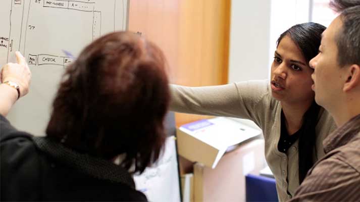A group of three adults in an office setting, discussing and examining the contents written on a whiteboard.