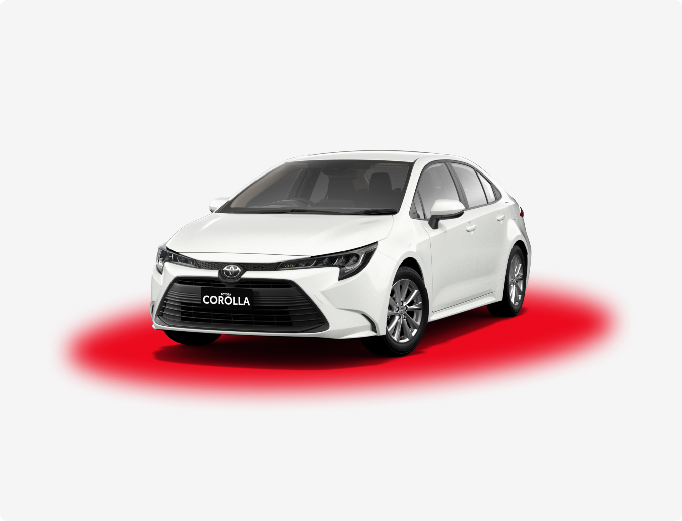 A white Toyota Corolla parked on a stylised red spotlight.