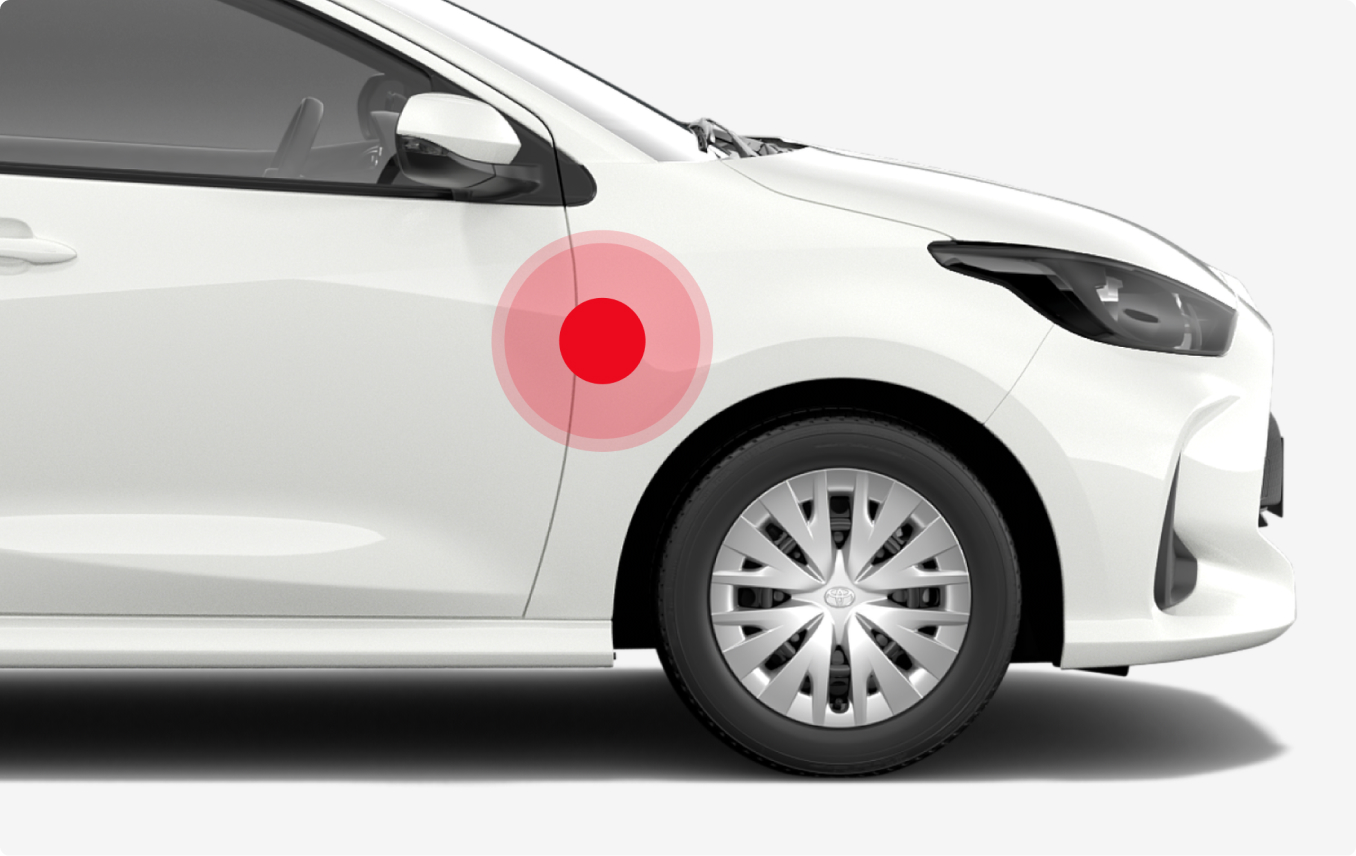 The side profile of a Toyota Corolla with a decorative red spot superimposed onto the vehicle, the spot representing a common feature in the Toyota Halo user interface.