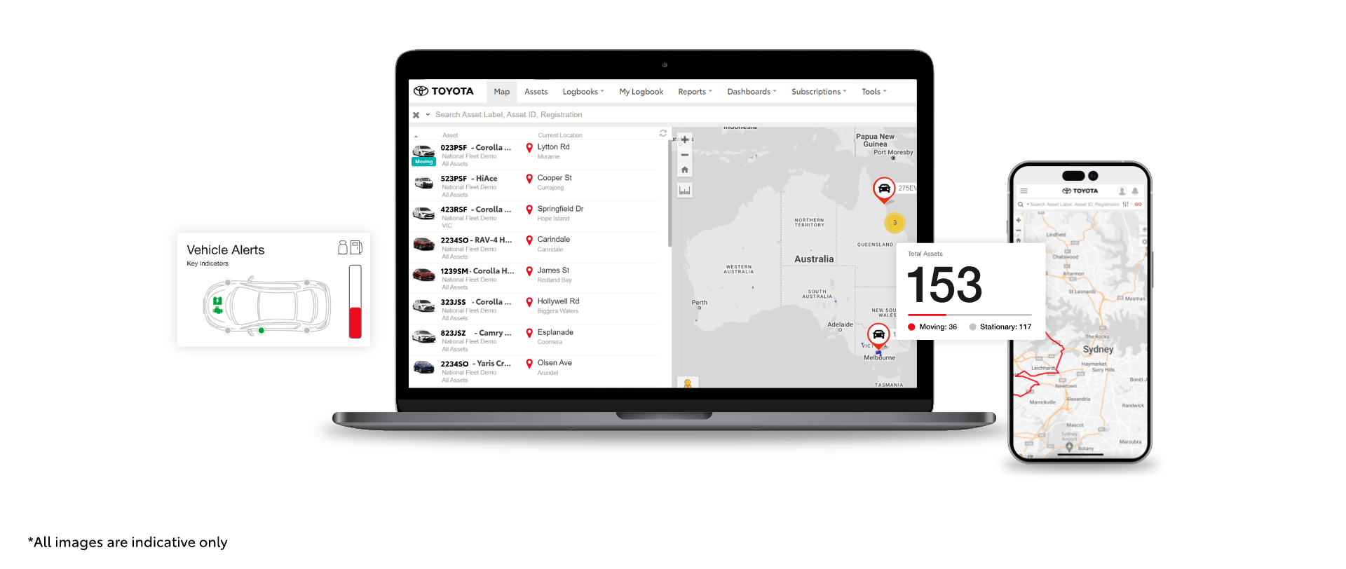 A notebook and a mobile device displaying the Toyota Halo platform. The notebook features a live map of Australia and the mobile device features a more detailed satellite map of Sydney.