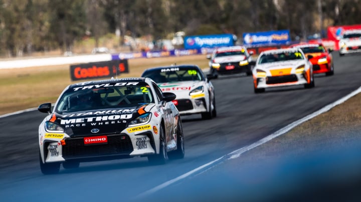 Toyota G R 86s in racing livery competing at the Ipswich 440, ‘Taylor’ on the leading vehicle’s upper windscreen.