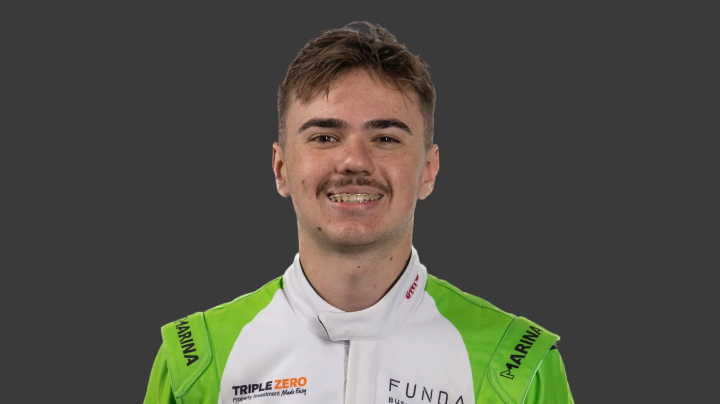 A headshot of professional T G R A driver Bradi Owen in a vibrant green and white racing suit on a grey background.