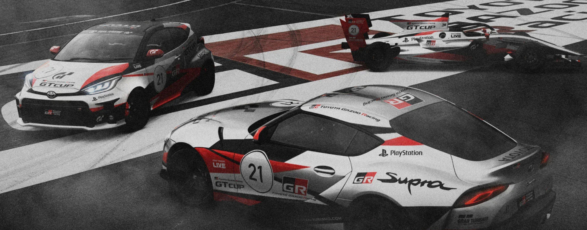 A video game render of two Toyota G R vehicles, the G R Supra and G R Yaris, and the Dallara S F 23 Super Formula. Features a dramatic film grain filter.