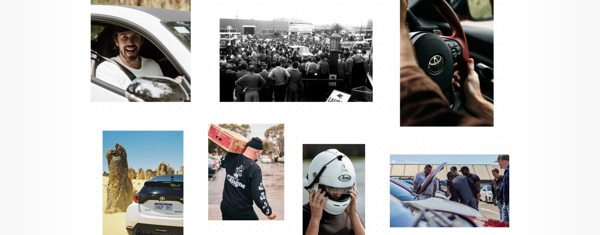 A collage of motorsport moments from various G R Journal articles throughout 2021, including road trips, community events, and Holly Espray in a white racing helmet.