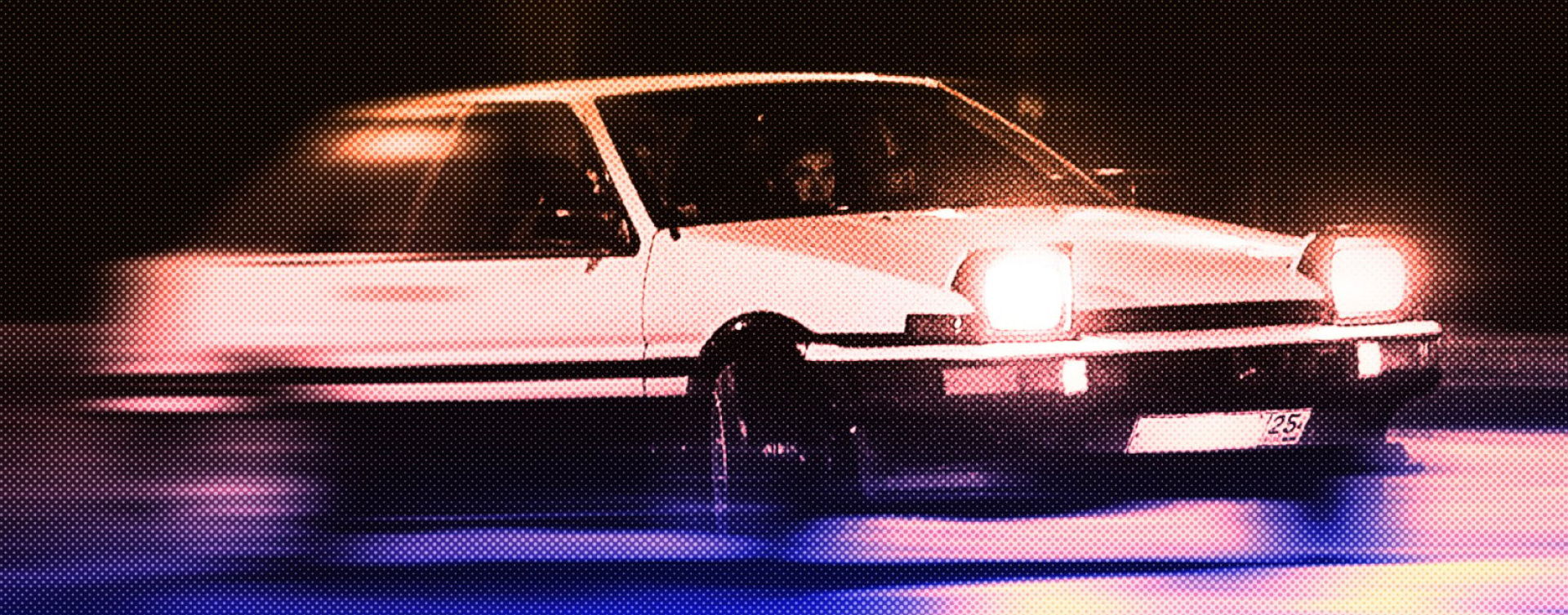A purple and pink stylised image of a Toyota A E 86, its headlights beaming brightly.