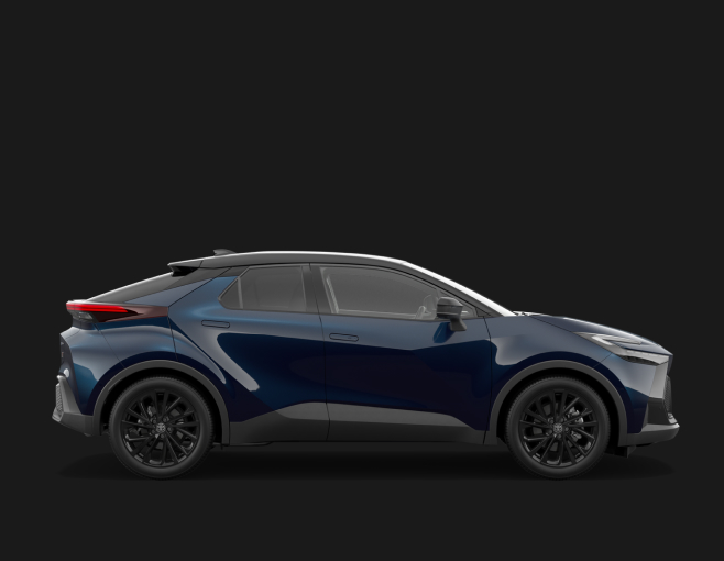 An Emeraldine Toyota C-HR in the G R Sport Grade. Side profile with a dark studio background.