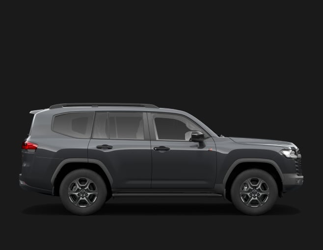 A Graphite Toyota LandCruiser 300 in the G R Sport grade. Side profile with a dark studio background.