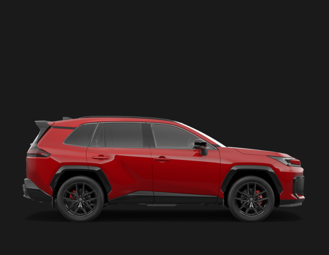 A Feverish Red Toyota RAV4 in the G R Sport grade. Side profile with a dark studio background.