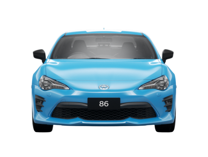 A front-facing Toyota 86 in the Apollo Blue variant.