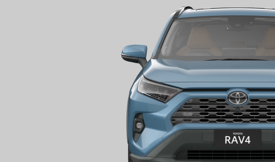 A front-facing blue Toyota RAV4.