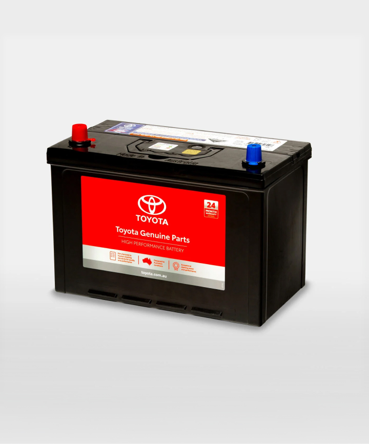 A black car battery with Toyota label.