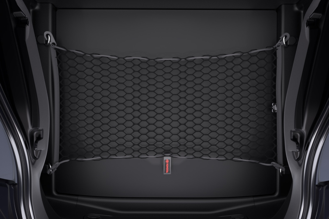 The boot of G R Supra G T S in Nurburg Matte Grey, with a Toyota Genuine Boot Cargo Net installed.