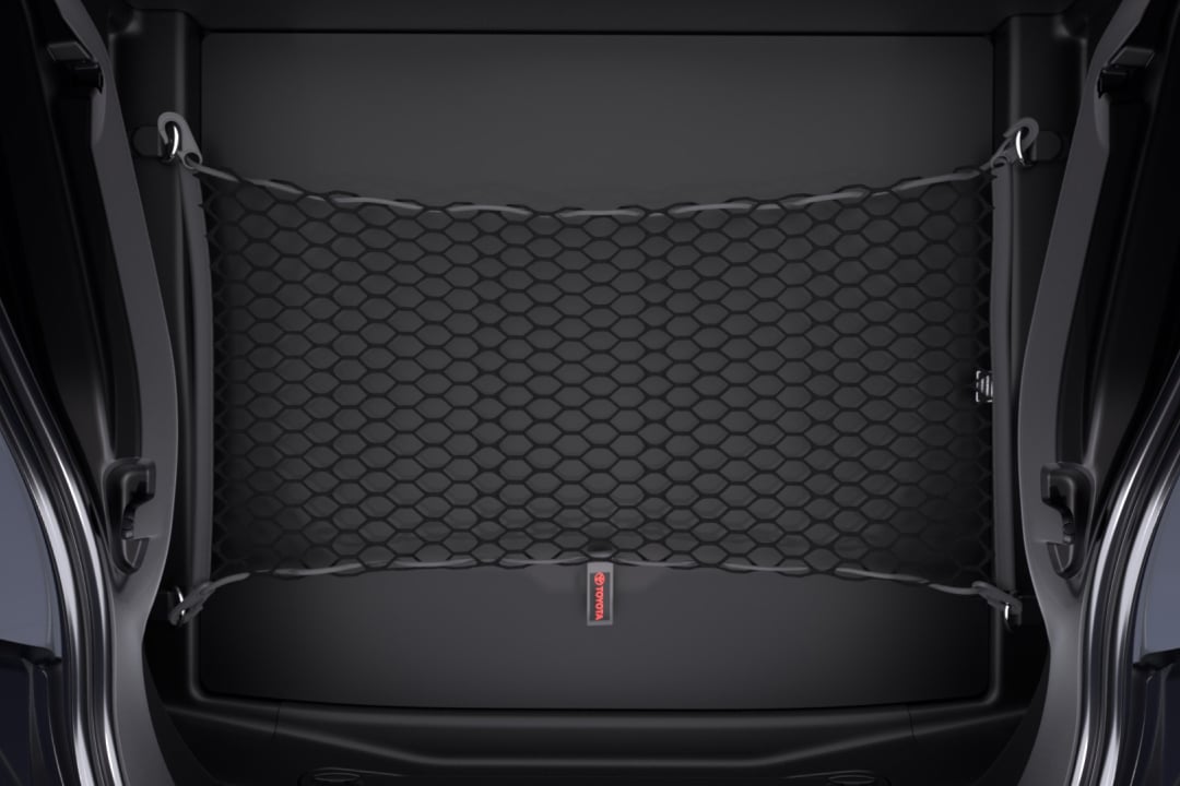 The boot of G R Supra G T S in Nurburg Matte Grey, with a Toyota Genuine Boot Cargo Net installed.