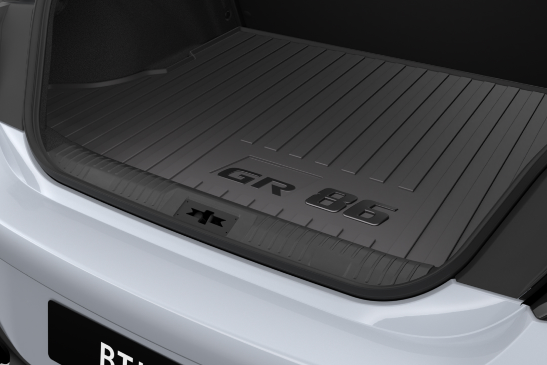 The boot of a G R 86 in Ice Silver Metallic, fitted with a Toyota Genuine Cargo Tray.