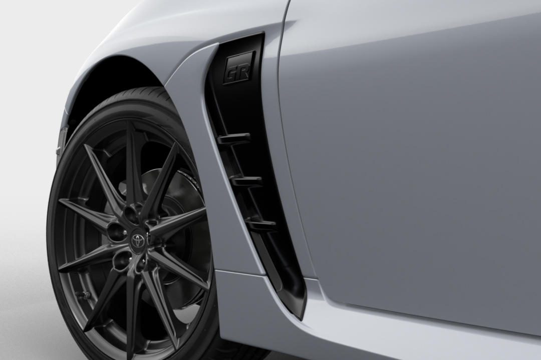 The fenders of a G R Sport in Ice Silver Metallic, fitted with Toyota Genuine Fender Vent Inserts.