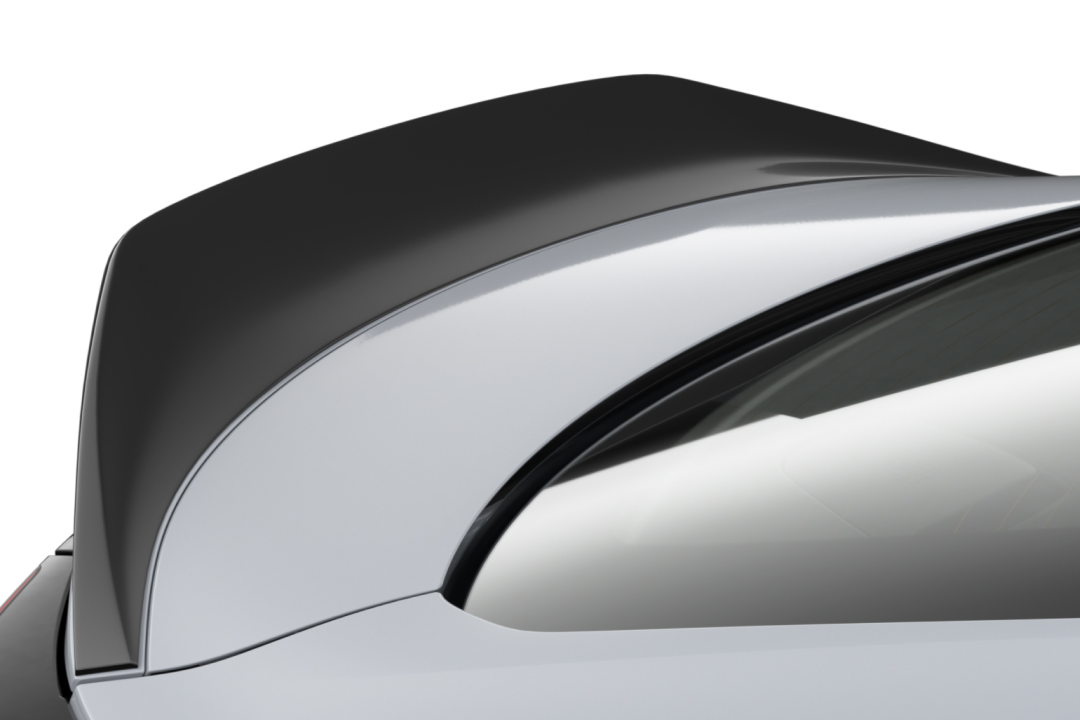 A Toyota Genuine G R Trunk Spoiler in Gloss Black, attached to the boot of a G R 86 in Ice Silver Metallic.