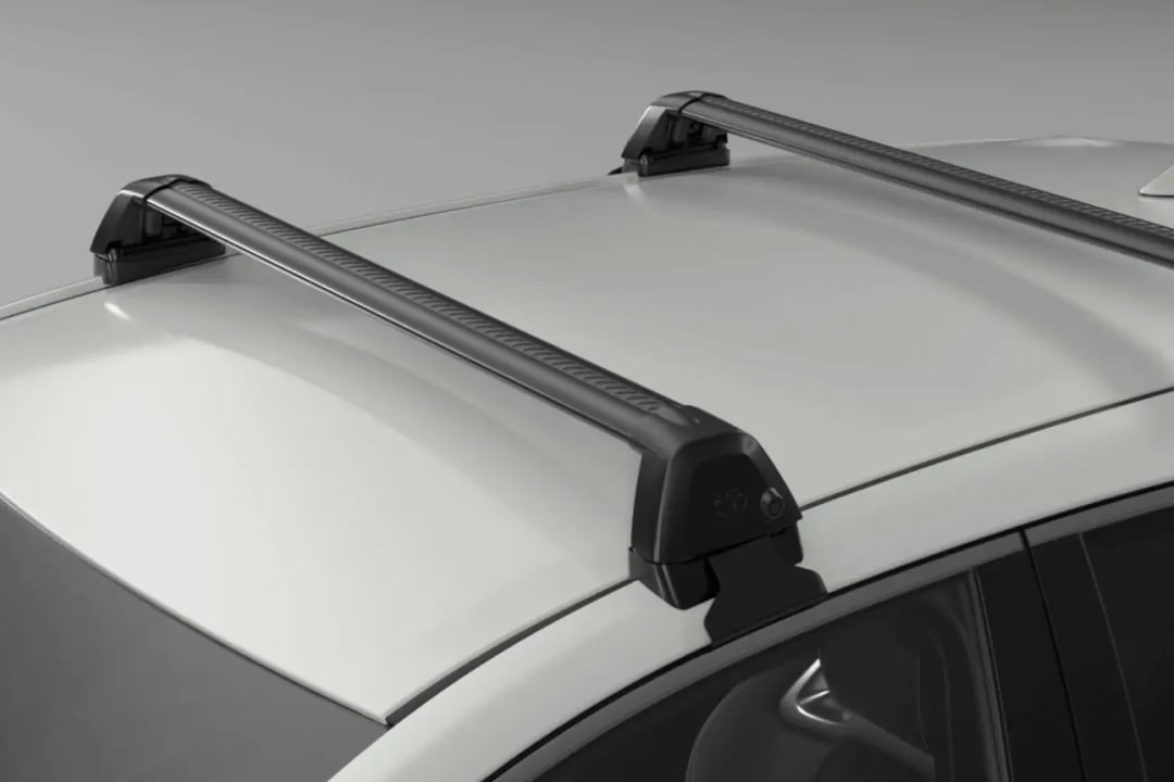 A Toyota Genuine Roof Rack fitted to a G R Corolla in Glacier White.
