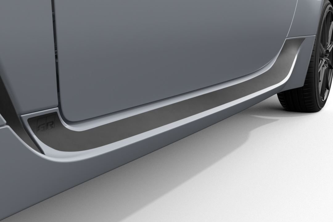 Toyota Genuine Side Stripes adhered to the side skirt of a G R 86 in Ice Silver Metallic.