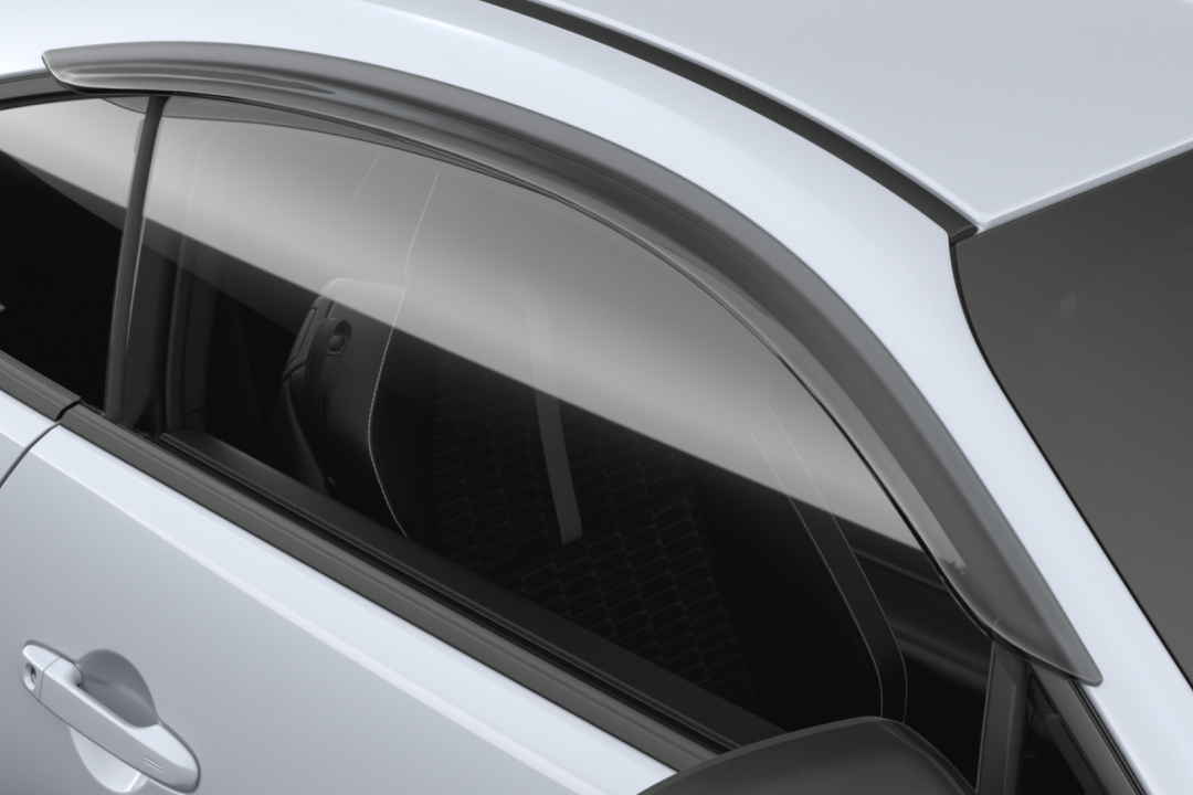 Toyota Genuine Slimline Weathershields attached to the right side windows of a G R 86 in Ice Silver Metallic.