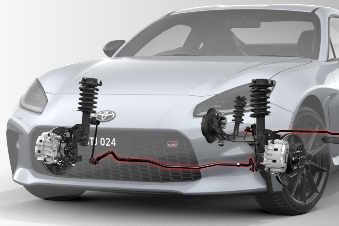 A cross-section of a G R 86 in Ice Silver Metallic, demonstrating where Toyota Genuine Stabiliser Bars attach to the vehicle.