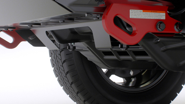 The front wheels of a Toyota HiLux, fitted with Toyota Genuine Front Recovery Points.