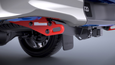 The front wheels of a Toyota HiLux, fitted with Toyota Genuine Front Recovery Points.