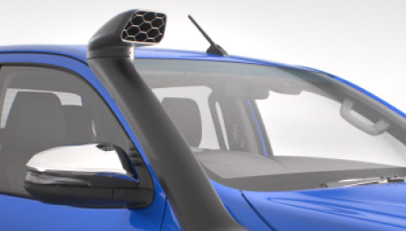 The front of a blue Toyota HiLux, showing its Toyota Genuine Snorkel. 