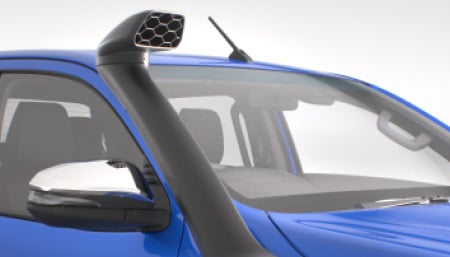 The front of a blue Toyota HiLux, showing its Toyota Genuine Snorkel.