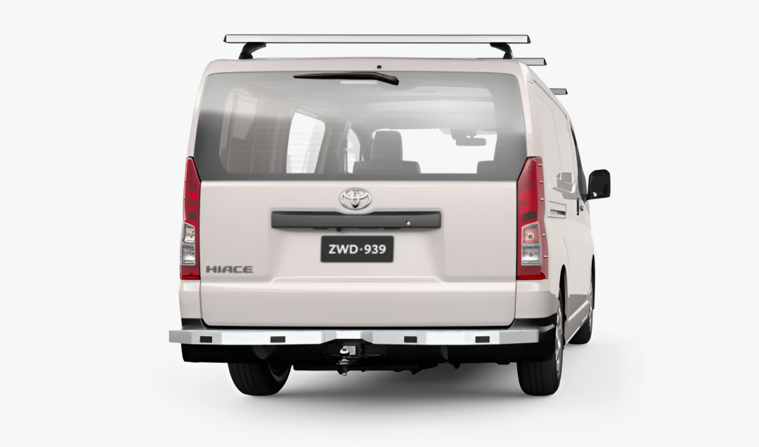 A Toyota HiAce in French Vanilla, fitted with Toyota Genuine Roof Racks and Toyota Genuine Rear Technician Step.