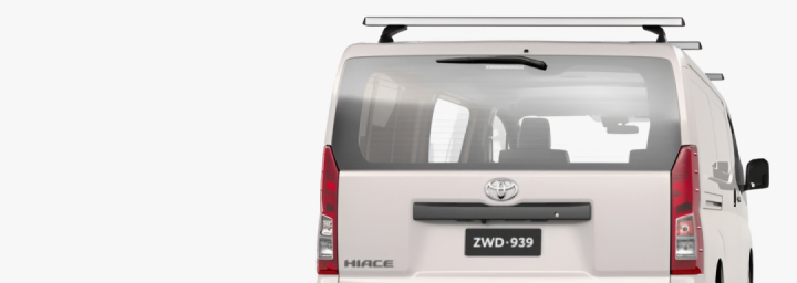 A Toyota HiAce in French Vanilla, fitted with Toyota Genuine Roof Racks and Toyota Genuine Rear Technician Step.