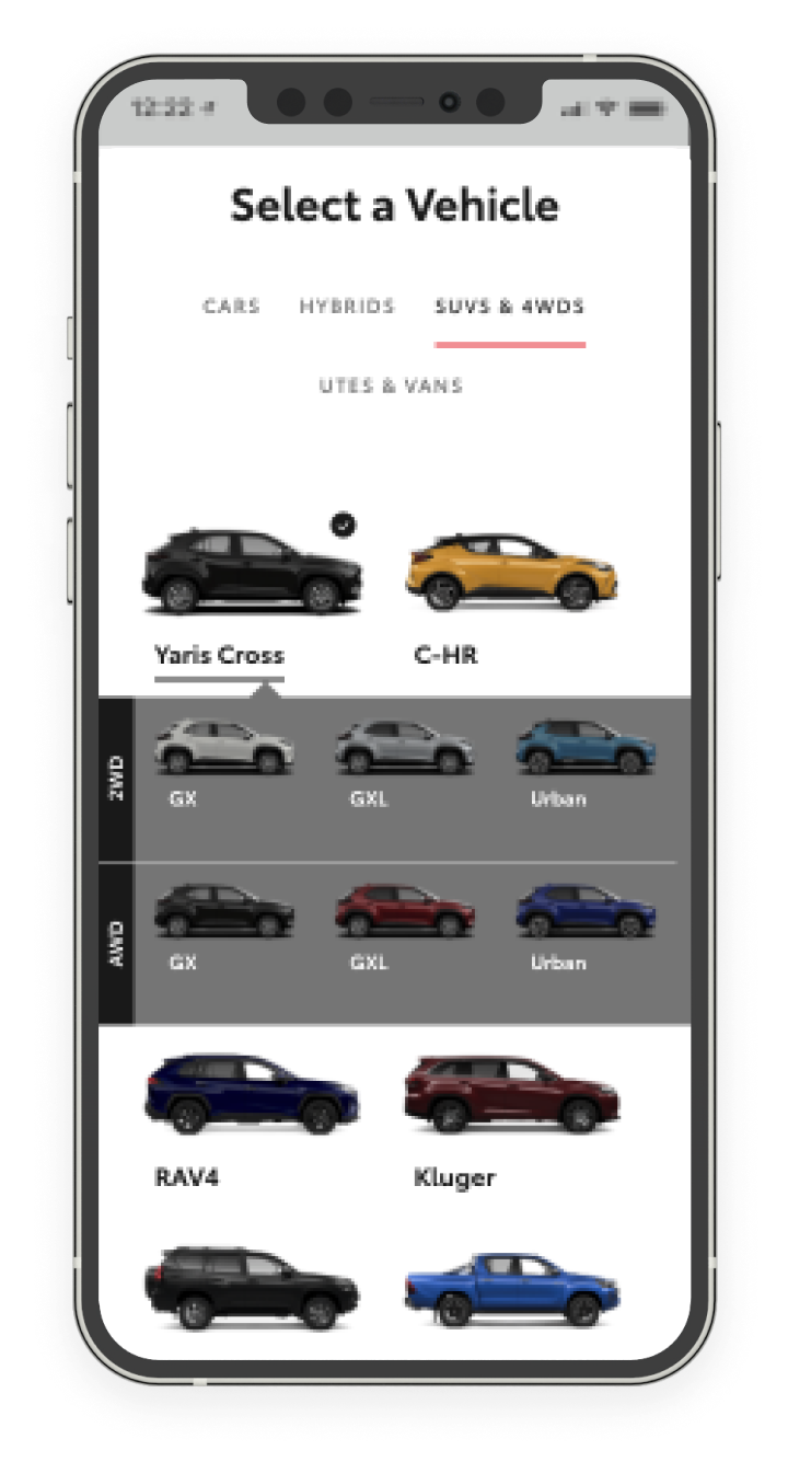 select a vehicle phone screen step by step shot